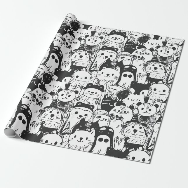 Süßes Kawaii-Tier-Doodle-Muster (1) Geschenkpapier (Ungerollt)