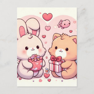 Süßes Kawaii Valentinstier-Häschen-Bär-Liebesgesch Ankündigungspostkarte