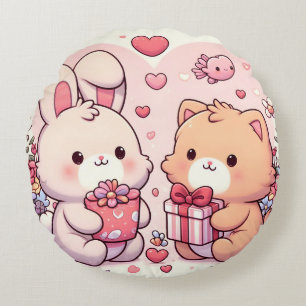 Süßes Kawaii Valentinstier-Häschen-Bär-Liebesgesch Rundes Kissen