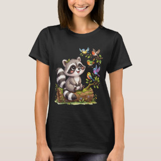 Süßes Kawaii-Waschbär-Vogelbeobachtungs-Design T-Shirt