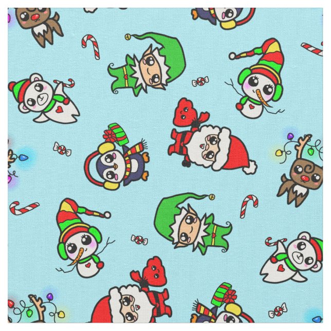 Süßes Kawaii Weihnachtscharaktermuster Stoff (Nahaufnahme)