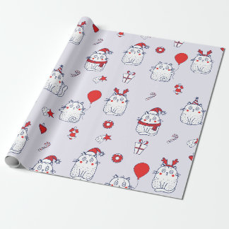 Süßes Kawaii-Weihnachtskatze-Feiertags-Doodle-Must Geschenkpapier