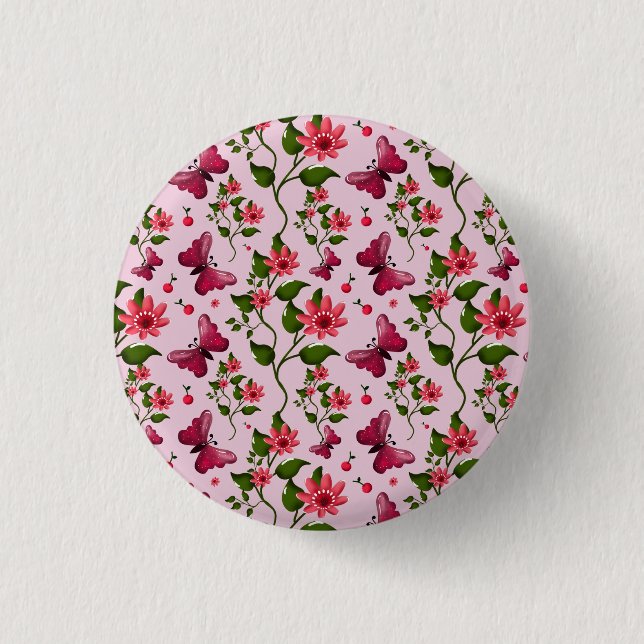 Süßes Kirsch-Schmetterlingsmuster, Glänzende Kawai Button (Vorderseite)