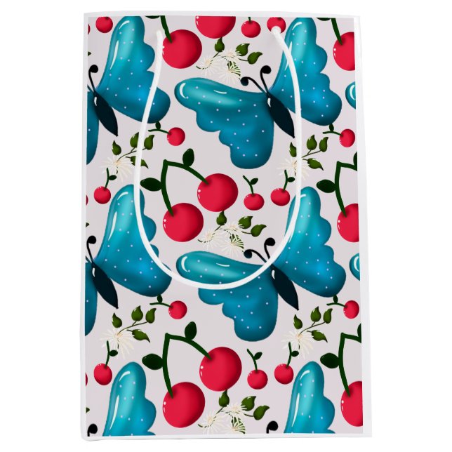 Süßes Kirsch-Schmetterlingsmuster, Glänzende Kawai Mittlere Geschenktüte (Vorderseite)