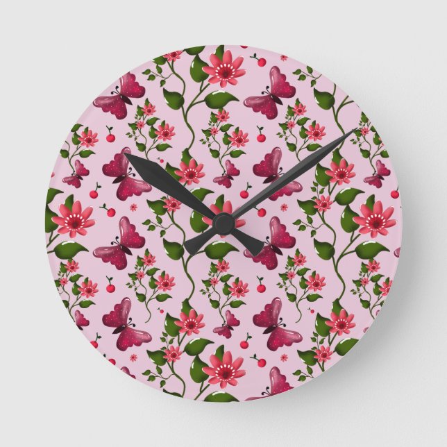Süßes Kirsch-Schmetterlingsmuster, Glänzende Kawai Runde Wanduhr (Vorderseite)