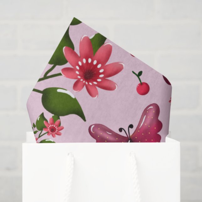 Süßes Kirsch-Schmetterlingsmuster, Glänzende Kawai Seidenpapier (Geschenktüte)
