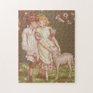 Süßes kitschiges Vintage-Valentin, Kinder mit Lamm Puzzle