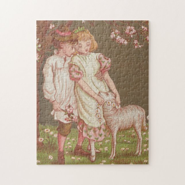 Süßes kitschiges Vintage-Valentin, Kinder mit Lamm Puzzle (Vertikal)
