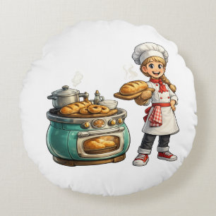 Süßes kleines Bäckermädchen mit frischer Brodkunst Rundes Kissen