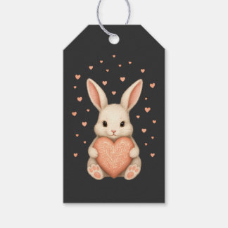 Süßes kleines Kaninchen mit Herz auf dunkler Holzk Geschenkanhänger