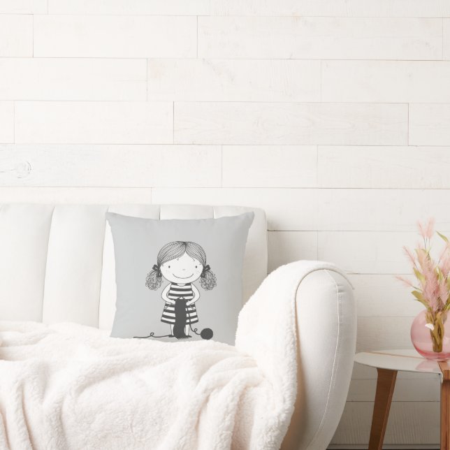 Süßes kleines Mädchen, das strickt Ich liebe Stric Kissen (Liege)