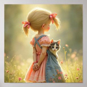 Süßes kleines Mädchen mit ihrem Kätzchen Poster