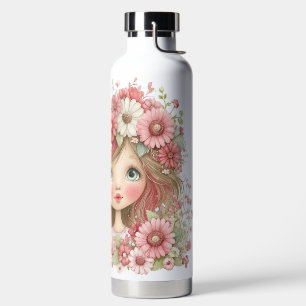 SÜßES KLEINES MÄDCHEN MIT ROSA BLUMEN TRINKFLASCHE