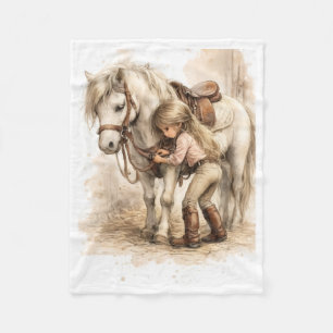 Süßes kleines Mädchen umarmt weißes Pferd Fleece B