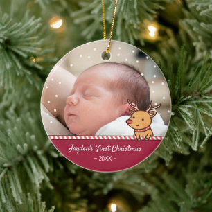 Süßes kleines Rentier-Babys erstes Weihnachtsfoto Keramik Ornament