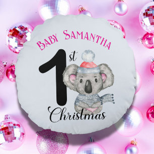 Süßes Koala-Baby-Mädchen zum ersten Weihnachten An Rundes Kissen