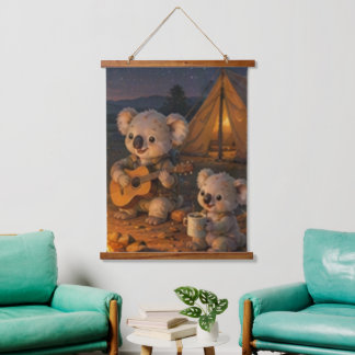 Süßes Koala-Lagerfeuer-Gitarren-Nacht Familien-Cam Wandteppich Mit Holzrahmen