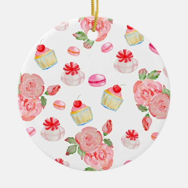 Süßes Kuchen und Rose in Aquarell Keramik Ornament (Vorne)