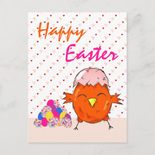 Süßes Küken mit Ostereiern Herz Frohe Ostern Feiertagspostkarte