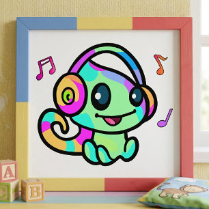 Süßes lächelndes Kawaii-Baby-Chamäleon mit Kopfhör Fotodruck