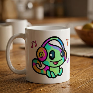 Süßes lächelndes Kawaii-Baby-Chamäleon mit Kopfhör Kaffeetasse