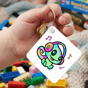Süßes lächelndes Kawaii-Baby-Chamäleon mit Kopfhör Schlüsselanhänger