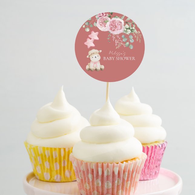 Süßes Lämmchen Rosa Grüne Cupcake Toppers Runder Aufkleber (Von Creator hochgeladen)