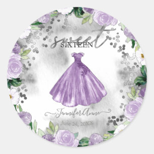 Süßes lila Blumen-Wasserfarbenkleid für die 16. Runder Aufkleber
