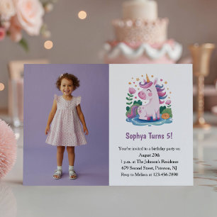 Süßes lila Einhorn-Foto Kinder-Geburtstagsfeier Einladung