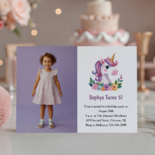 Süßes lila Einhorn-Foto Kinder-Geburtstagsfeier Einladung