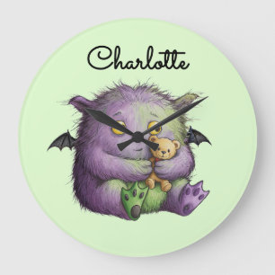 Süßes lila grünes flauschiges Monster Buddy Große Wanduhr