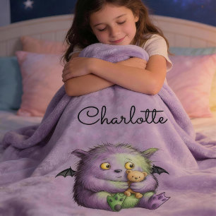 Süßes lila grünes flauschiges Monster Kinder Fleecedecke
