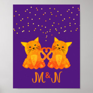 Süßes lila-orangefarbenes Kätzchen-Paar mit Monogr Poster