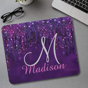 Süßes lila rosa Einhorn Glitter Tropfen Monogramm Mousepad
