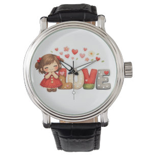 Süßes "LOVE" Herz & Chibi-Mädchen Armbanduhr