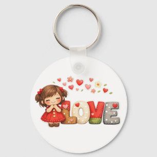 Süßes "LOVE"-Herz & Chibi-Mädchen-Wurfkissen Schlüsselanhänger