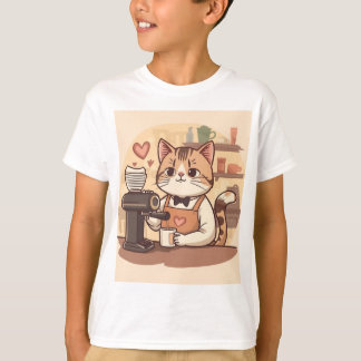 Süßes lustiges Cartoon-Barista-Katze-Kind-T-Shirt T-Shirt