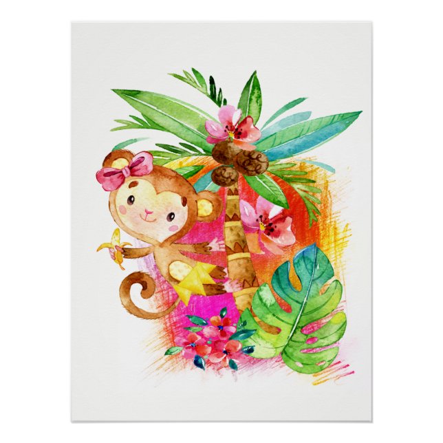 Süßes Mädchen-Affe beim Klettern im Baum Poster (Vorderseite)