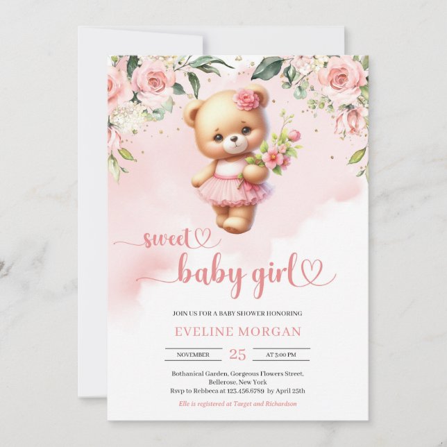 Süßes Mädchen Aquarell Teddy Bärchen Blütenblüte Einladung (Vorderseite)