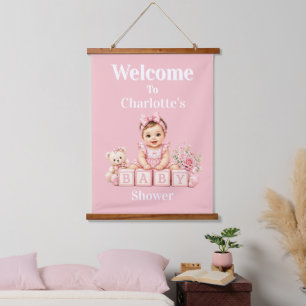 Süßes Mädchen Block Baby Shower Willkommensschild Wandteppich Mit Holzrahmen