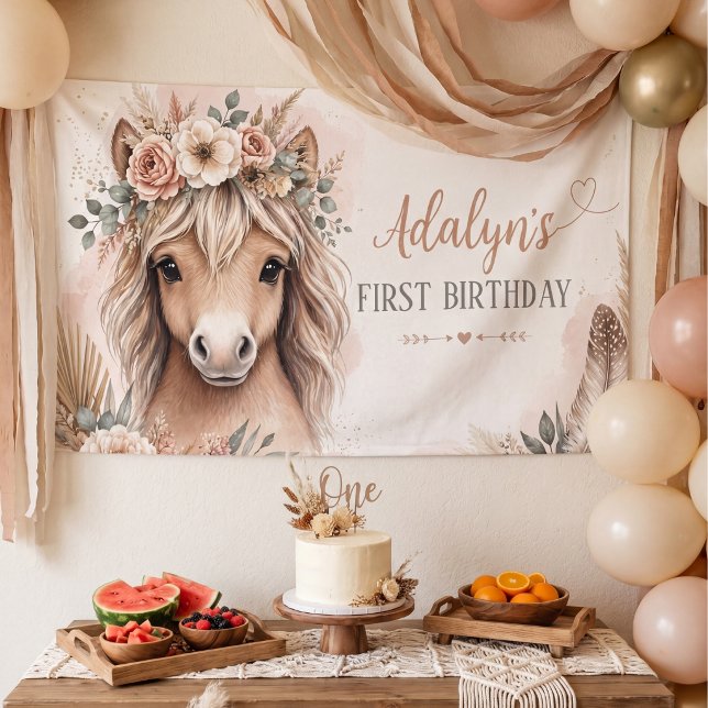 Süßes Mädchen Boho Pferd Erster Geburtstag Banner (Von Creator hochgeladen)