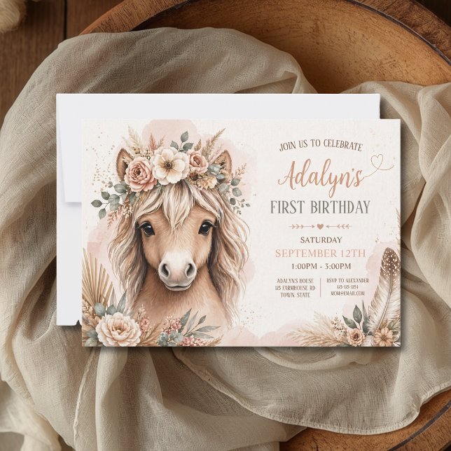 Süßes Mädchen Boho-Pferd zum ersten Geburtstag Einladung (Von Creator hochgeladen)