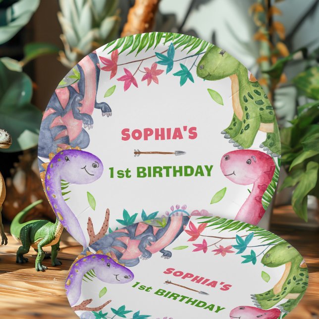 Süßes Mädchen Dinosaurier 1. Geburtstagsfeier Pappteller (Von Creator hochgeladen)