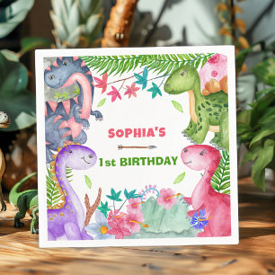 Süßes Mädchen Dinosaurier 1. Geburtstagsfeier Serviette