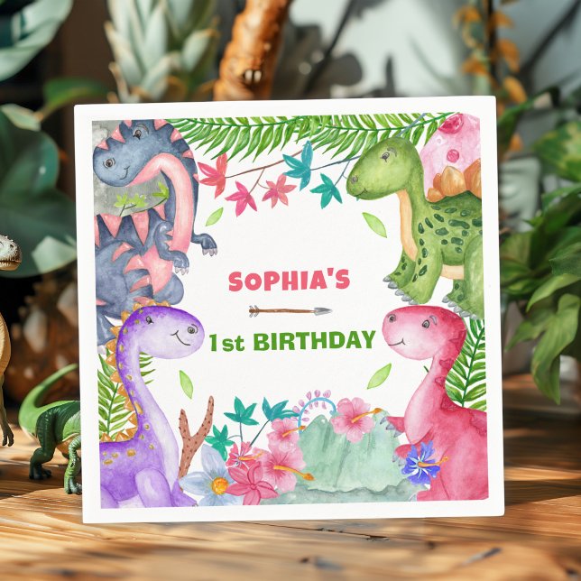 Süßes Mädchen Dinosaurier 1. Geburtstagsfeier Serviette (Von Creator hochgeladen)