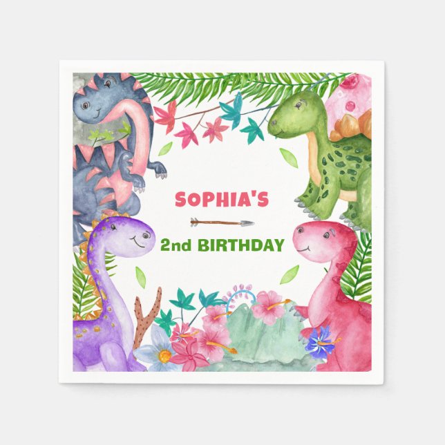 Süßes Mädchen Dinosaurier 2. Geburtstagsfeier Serviette (Vorderseite)
