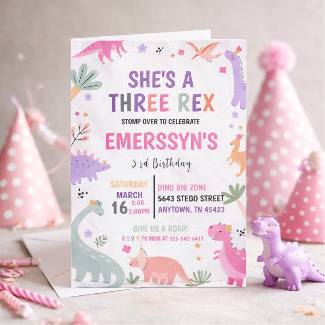 Süßes Mädchen-Dinosaurier 3. Geburtstag Einladung (Von Creator hochgeladen)