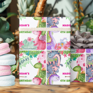 Süßes Mädchen Dinosaurier 4. Geburtstagsfeier Geschenkpapier