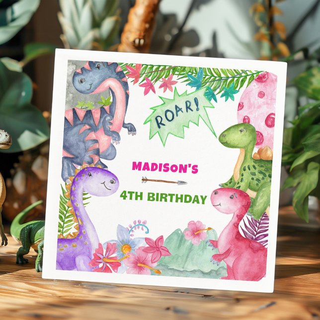 Süßes Mädchen Dinosaurier 4. Geburtstagsfeier Serviette (Von Creator hochgeladen)