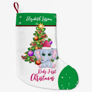 Süßes Mädchen ERSTES WEIHNACHTEN Grüner Elefant BA Kleiner Weihnachtsstrumpf